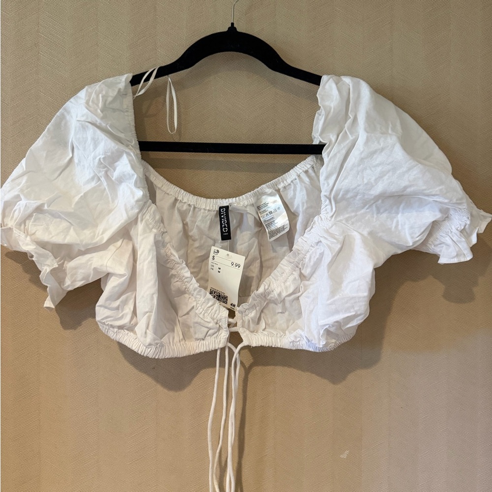 H& White Puff-Sleeve Cropped Tie-Front Top